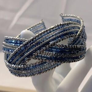 Blue & Silver Beaded & Wire Cuffed Bracelet